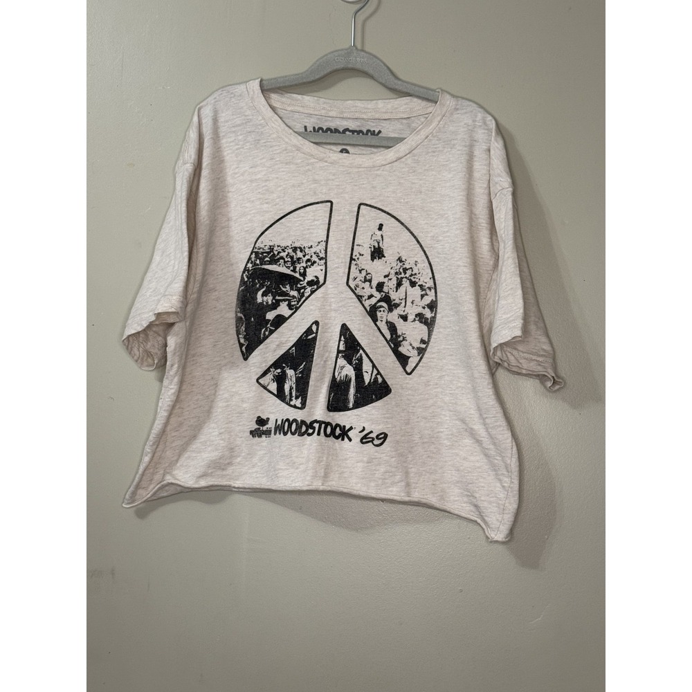 WOODSTOCK Shirt Womens S Beige Cropped Crew Neck 100% Cotton Lightweight